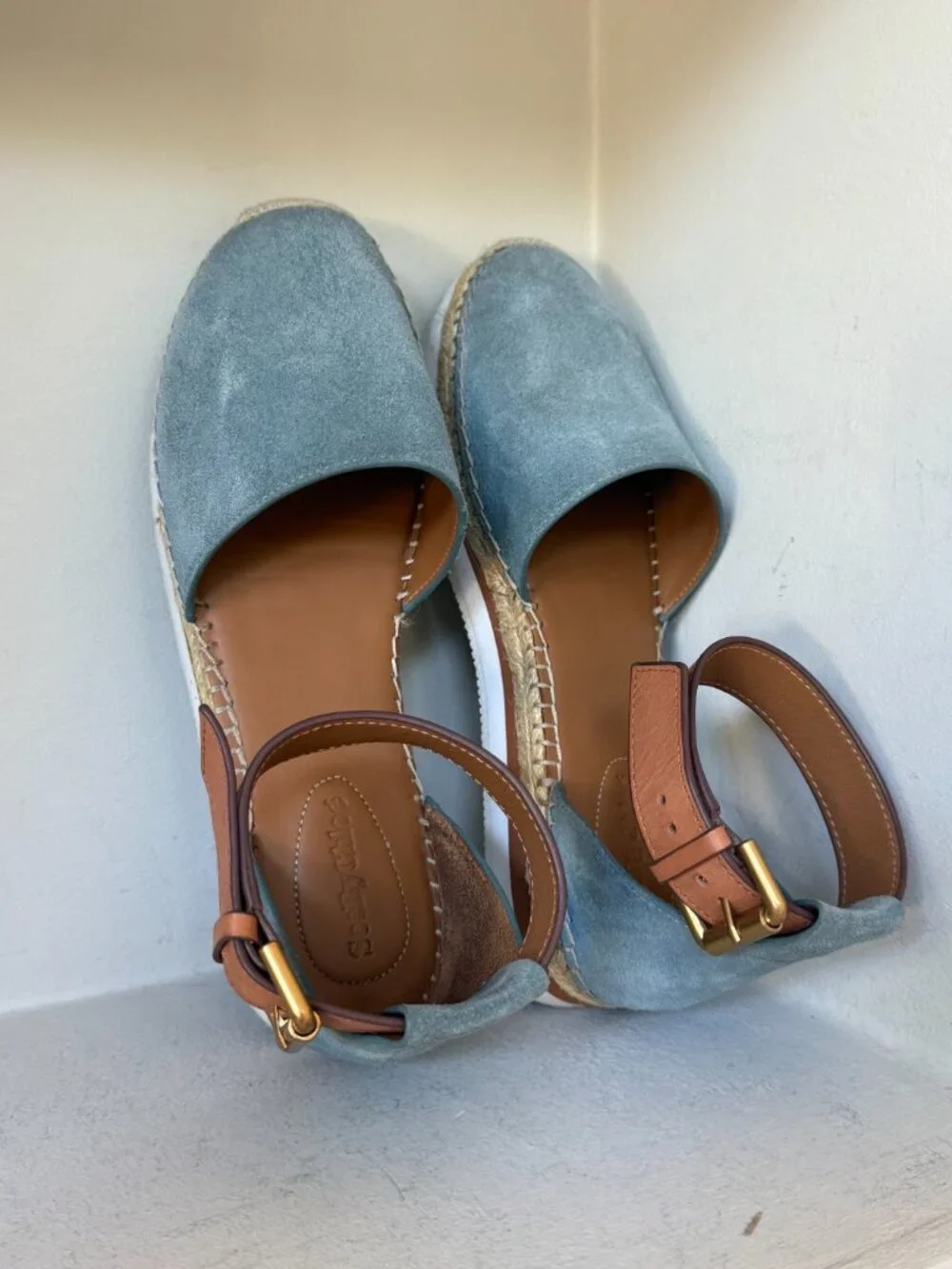 See by Chloé Glyn Blue Suede Platform Espadrille Sandals Ankle Strap 10